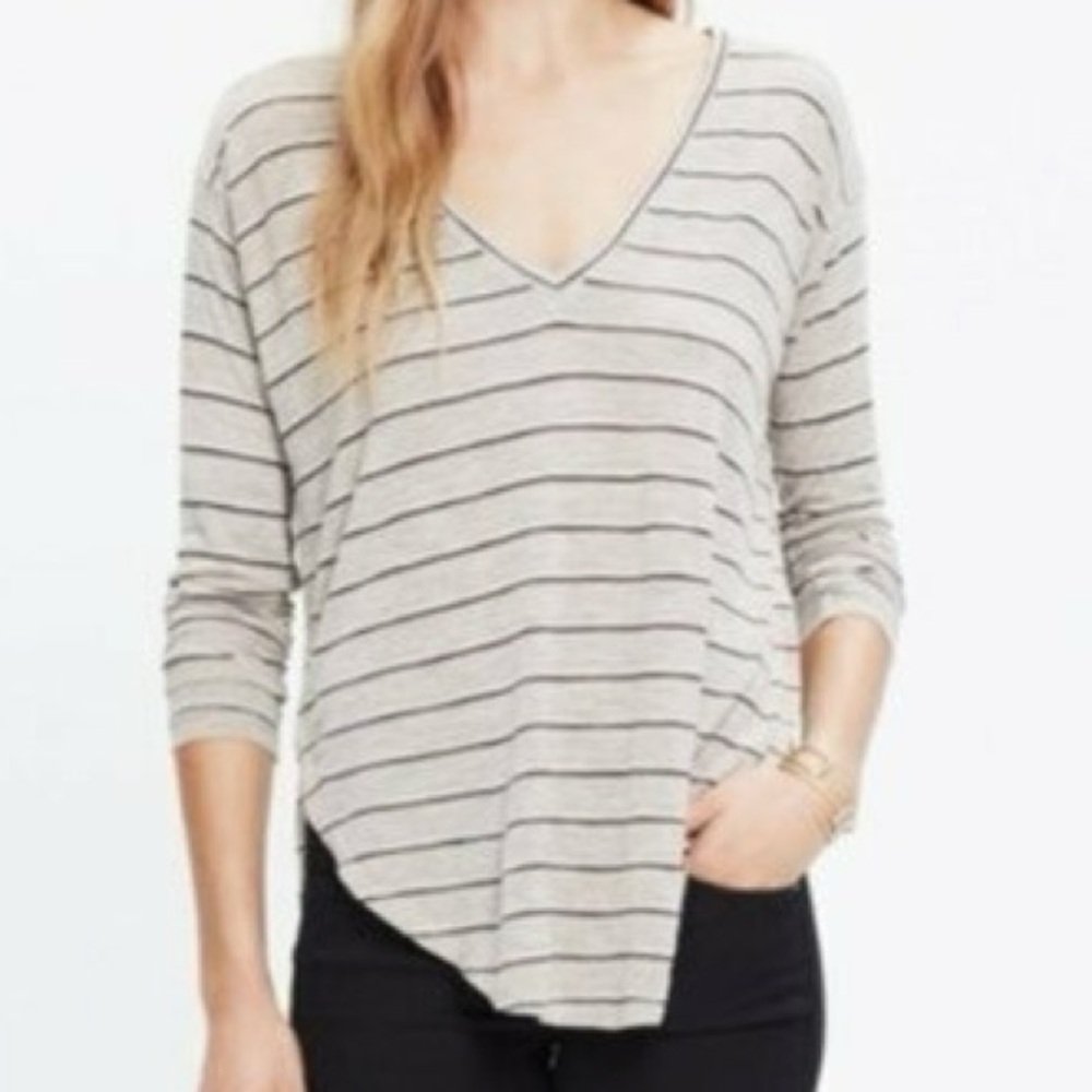 Madewell Striped Tee Tan Brown Anthem Long Sleeve V-Neck Small Women E6051 Shirt